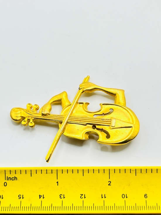 Vintage signed JJ Jonette Jewelry Gold tone Violin Brooch - Picture 4 of 4